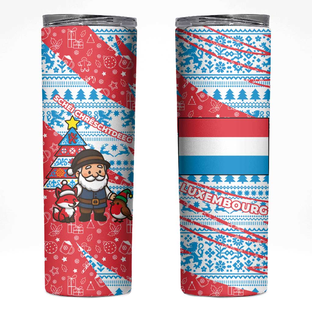 Luxembourg Christmas Skinny Tumbler with Santa Claus Fox Reindeer Tree and Red Blue Pattern Design - Wonder Print Shop