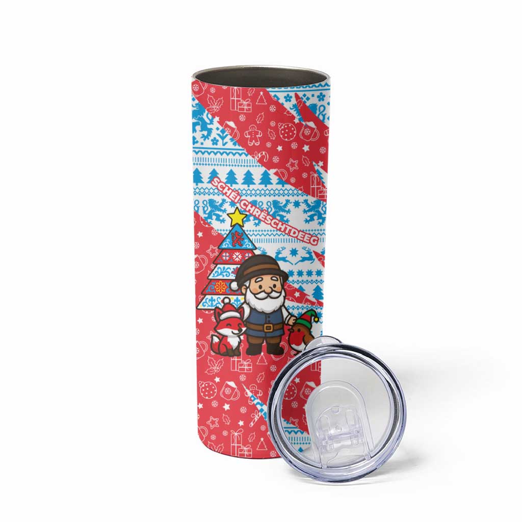 Luxembourg Christmas Skinny Tumbler with Santa Claus Fox Reindeer Tree and Red Blue Pattern Design - Wonder Print Shop