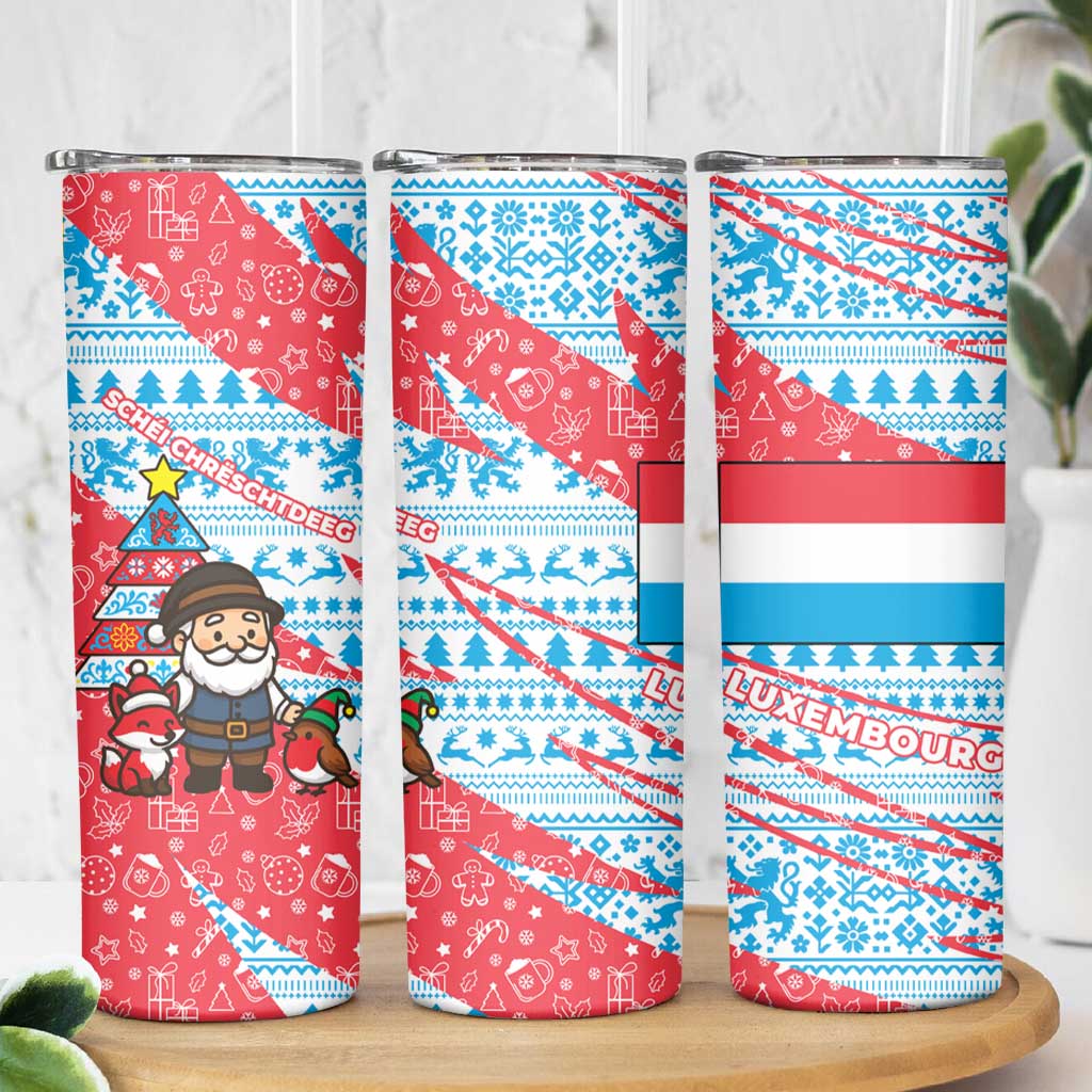 Luxembourg Christmas Skinny Tumbler with Santa Claus Fox Reindeer Tree and Red Blue Pattern Design - Wonder Print Shop