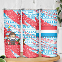 Luxembourg Christmas Skinny Tumbler with Santa Claus Fox Reindeer Tree and Red Blue Pattern Design - Wonder Print Shop