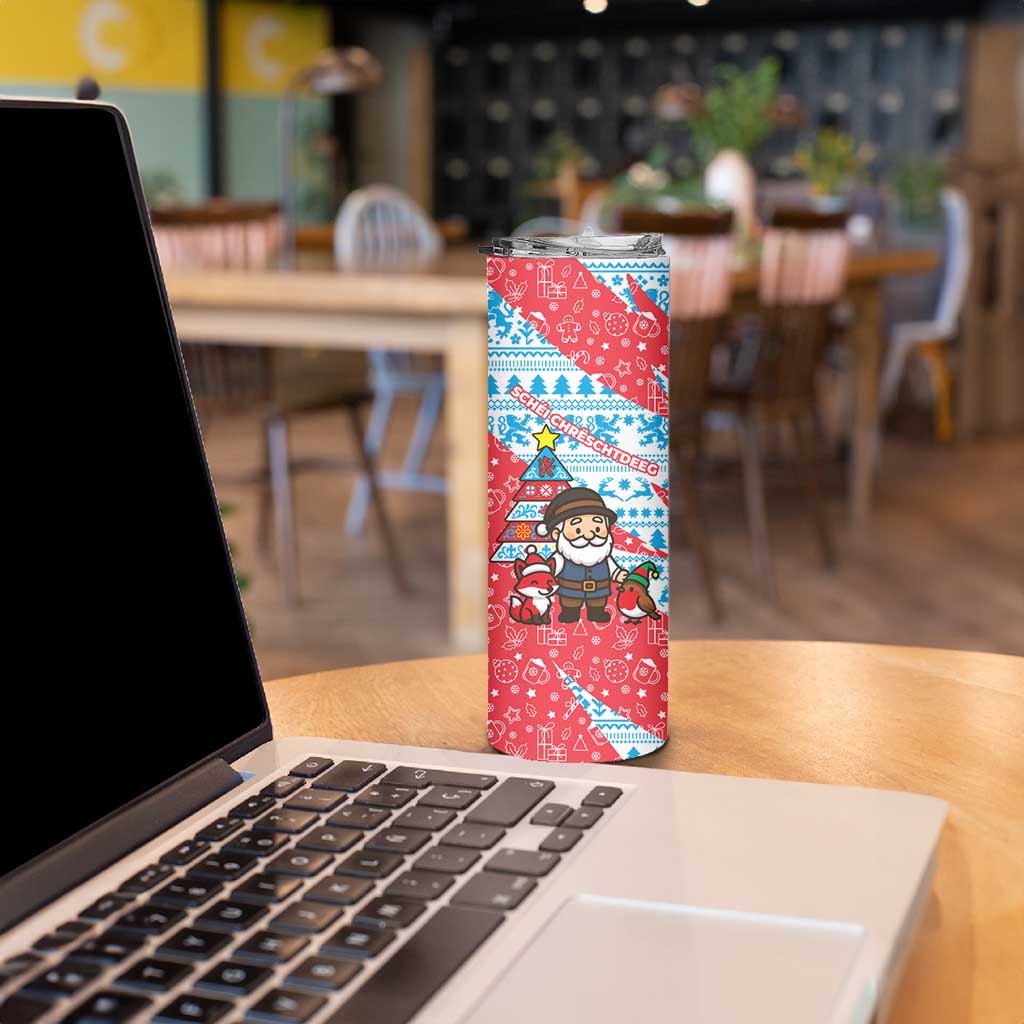 Luxembourg Christmas Skinny Tumbler with Santa Claus Fox Reindeer Tree and Red Blue Pattern Design - Wonder Print Shop