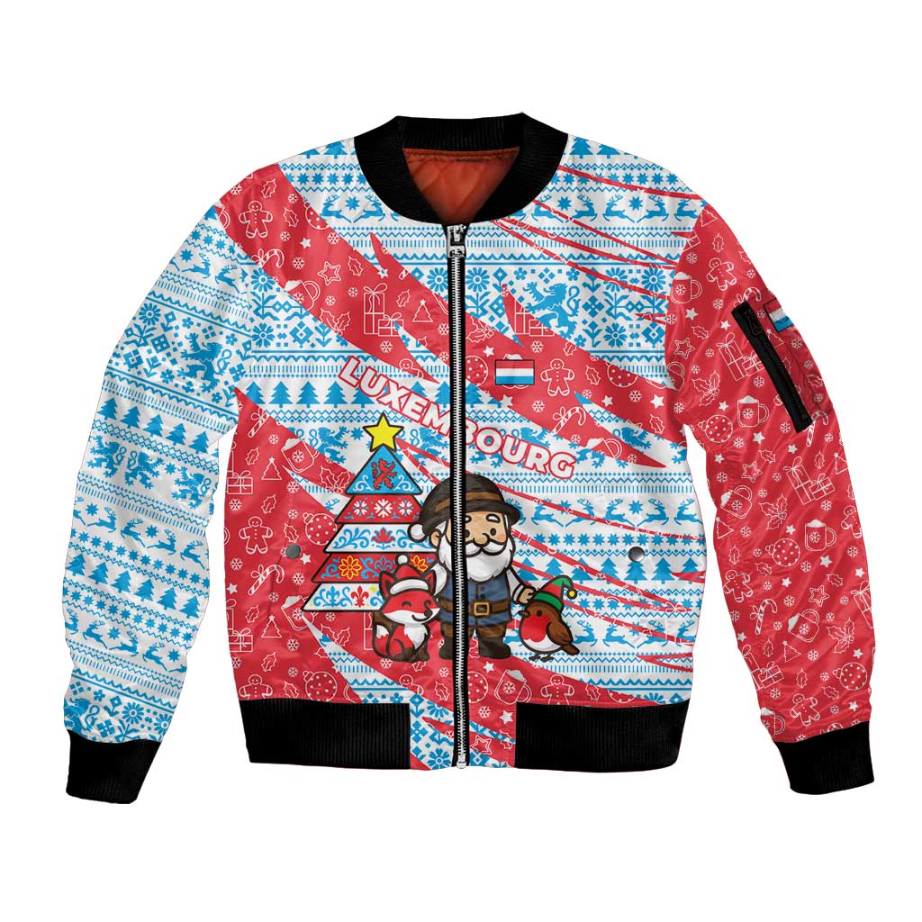 Luxembourg Christmas Sleeve Zip Bomber Jacket with Santa Claus Fox Reindeer Tree and Red Blue Pattern Design - Wonder Print Shop