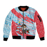 Luxembourg Christmas Sleeve Zip Bomber Jacket with Santa Claus Fox Reindeer Tree and Red Blue Pattern Design - Wonder Print Shop
