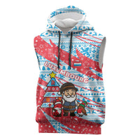 Luxembourg Christmas Sleeveless Hoodie with Santa Claus Fox Reindeer Tree and Red Blue Pattern Design - Wonder Print Shop