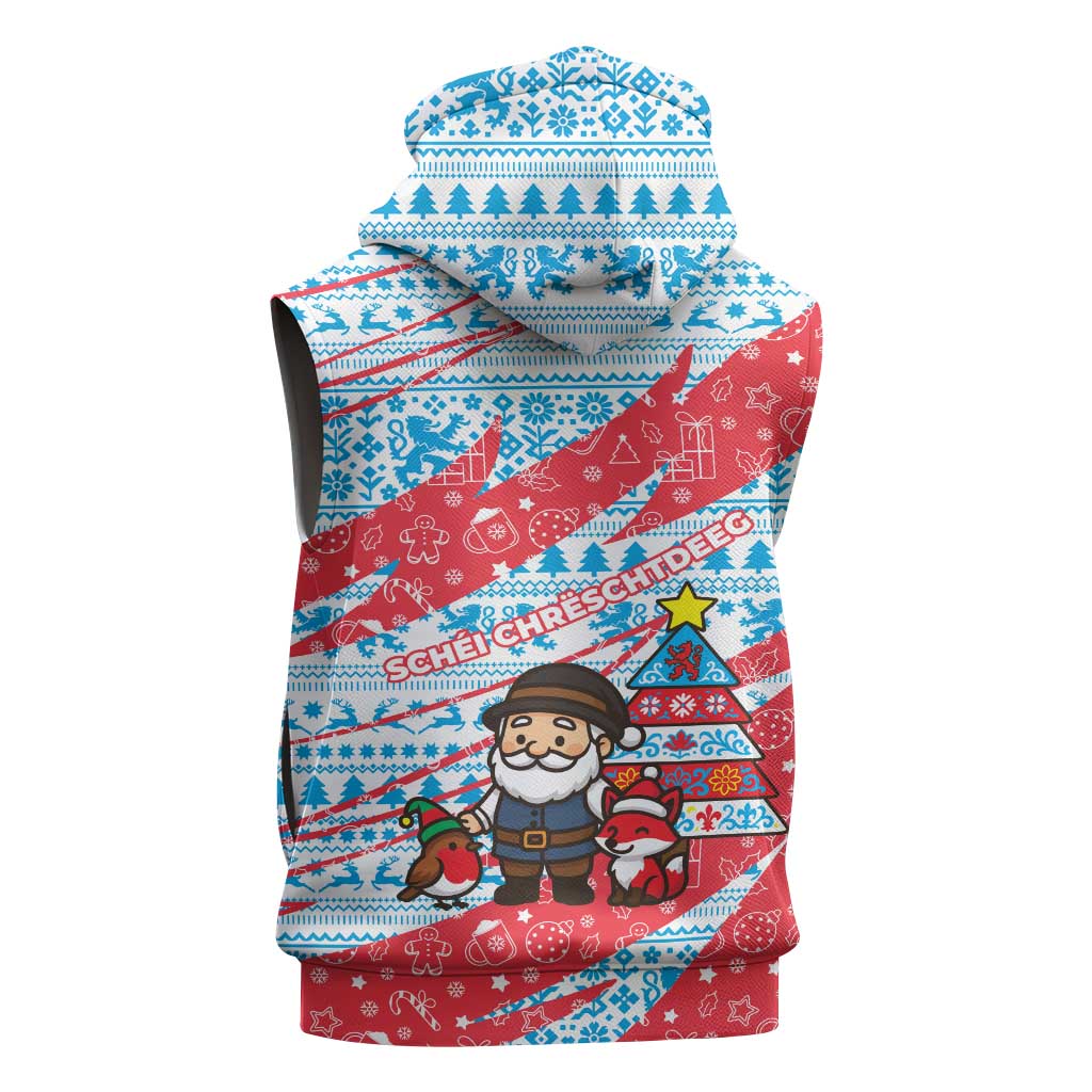 Luxembourg Christmas Sleeveless Hoodie with Santa Claus Fox Reindeer Tree and Red Blue Pattern Design - Wonder Print Shop