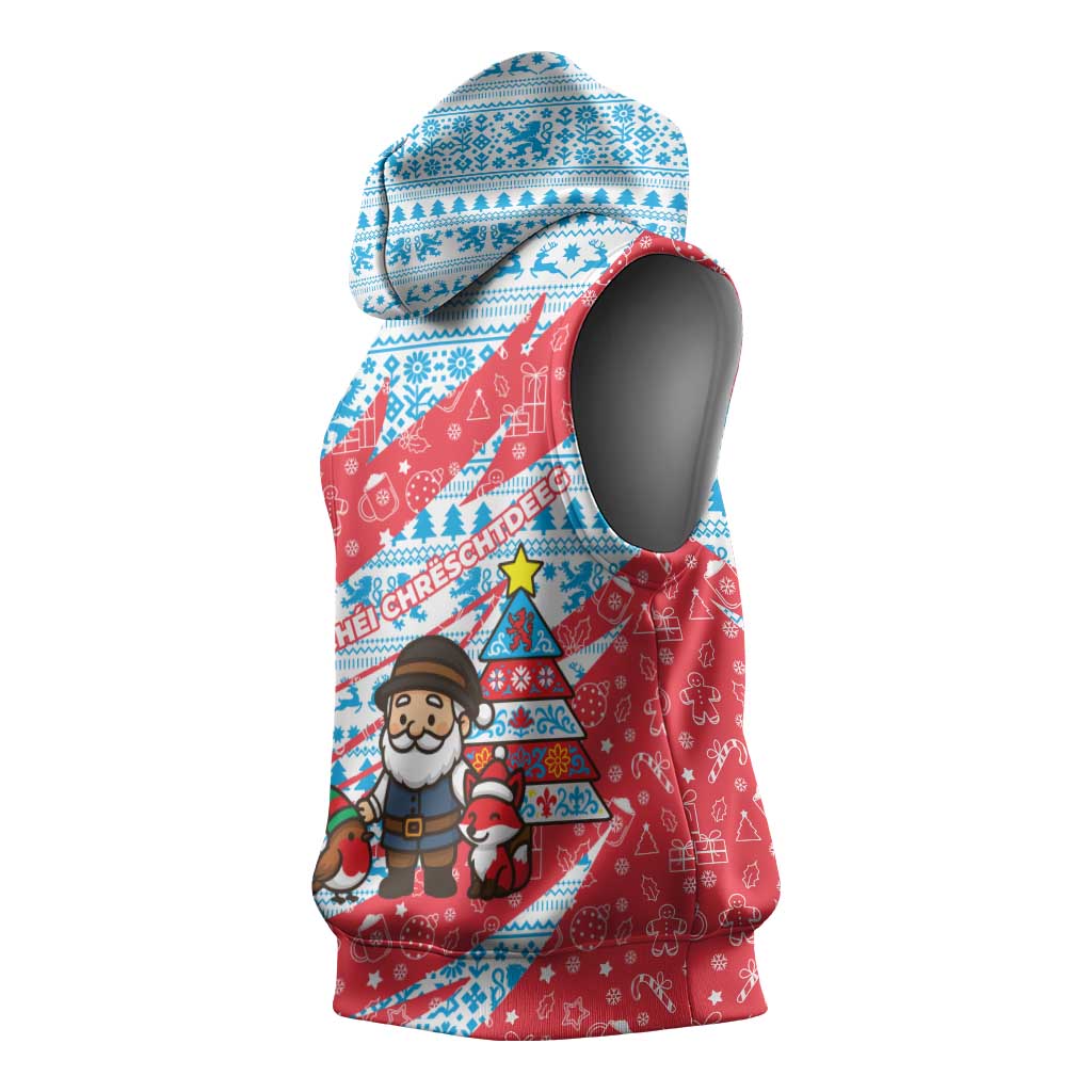 Luxembourg Christmas Sleeveless Hoodie with Santa Claus Fox Reindeer Tree and Red Blue Pattern Design - Wonder Print Shop