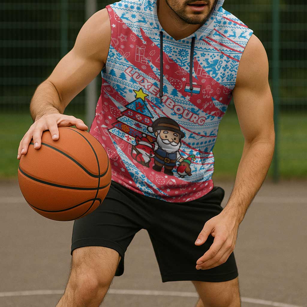 Luxembourg Christmas Sleeveless Hoodie with Santa Claus Fox Reindeer Tree and Red Blue Pattern Design - Wonder Print Shop