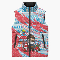 Luxembourg Christmas Sleeveless Puffer Jacket with Santa Claus Fox Reindeer Tree and Red Blue Pattern Design - Wonder Print Shop