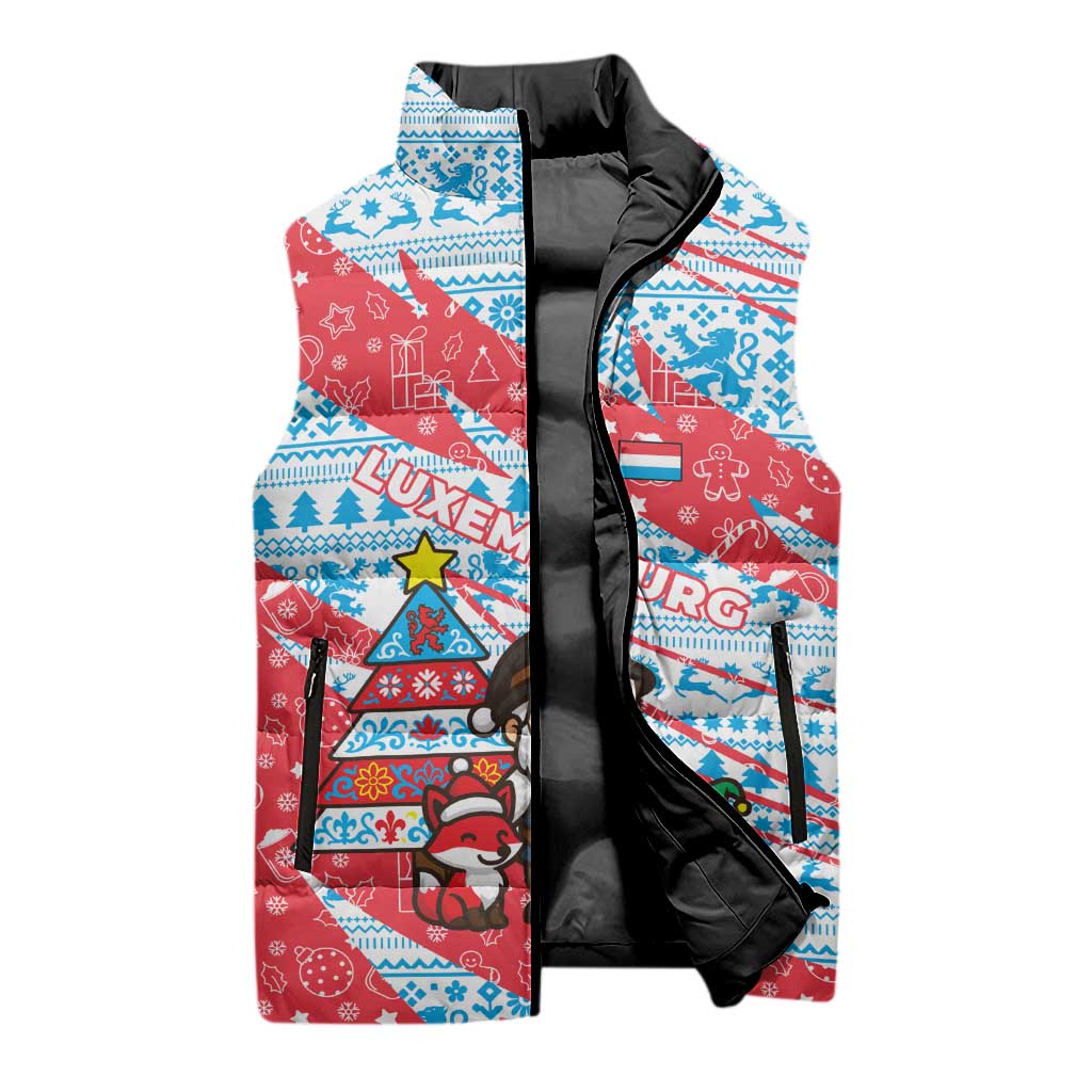 Luxembourg Christmas Sleeveless Puffer Jacket with Santa Claus Fox Reindeer Tree and Red Blue Pattern Design - Wonder Print Shop