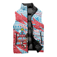Luxembourg Christmas Sleeveless Puffer Jacket with Santa Claus Fox Reindeer Tree and Red Blue Pattern Design - Wonder Print Shop