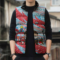 Luxembourg Christmas Sleeveless Puffer Jacket with Santa Claus Fox Reindeer Tree and Red Blue Pattern Design - Wonder Print Shop