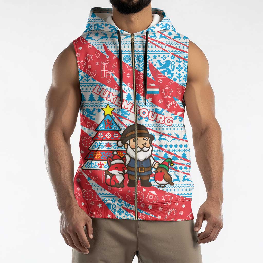 Luxembourg Christmas Sleeveless Zip Hoodie with Santa Claus Fox Reindeer Tree and Red Blue Pattern Design - Wonder Print Shop