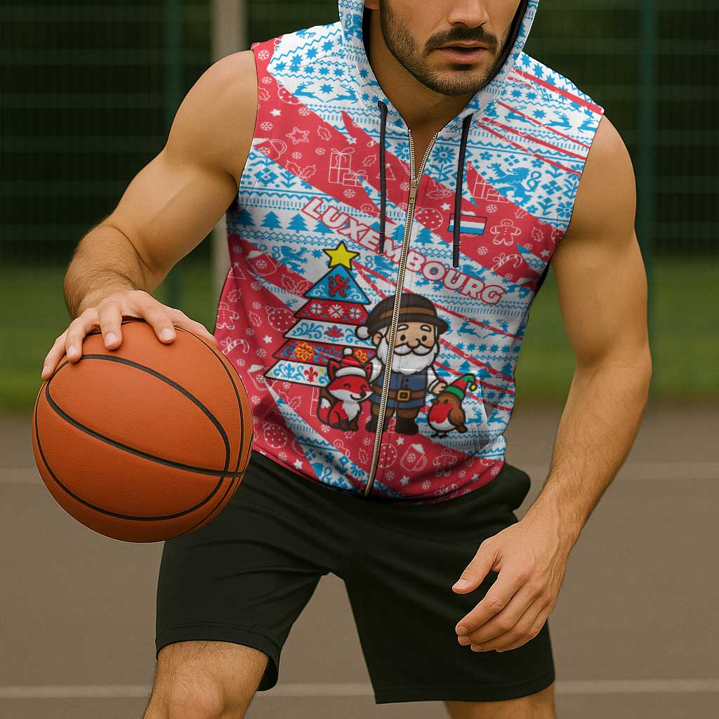 Luxembourg Christmas Sleeveless Zip Hoodie with Santa Claus Fox Reindeer Tree and Red Blue Pattern Design - Wonder Print Shop