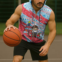 Luxembourg Christmas Sleeveless Zip Hoodie with Santa Claus Fox Reindeer Tree and Red Blue Pattern Design - Wonder Print Shop