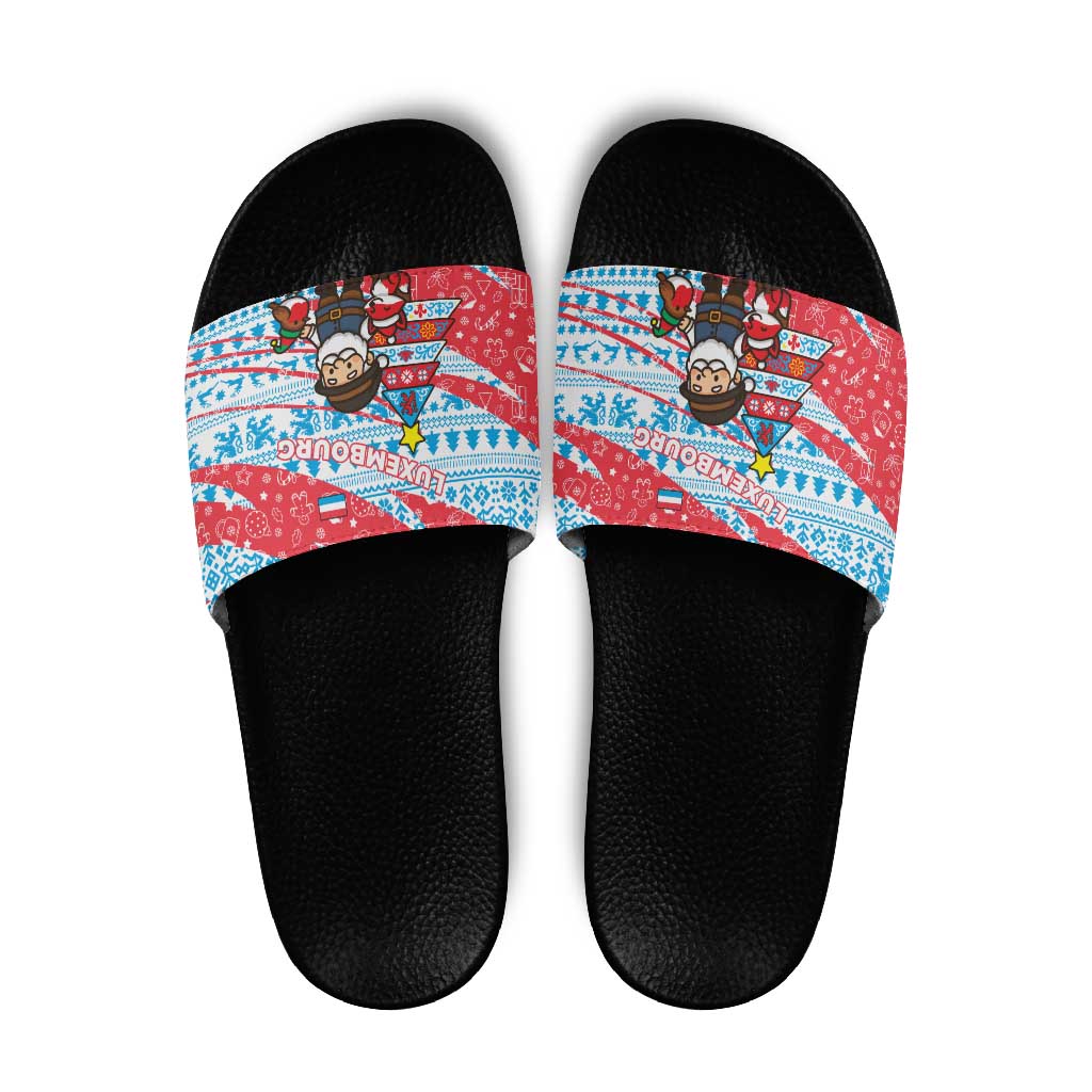 Luxembourg Christmas Slide Sandals with Santa Claus Fox Reindeer Tree and Red Blue Pattern Design - Wonder Print Shop