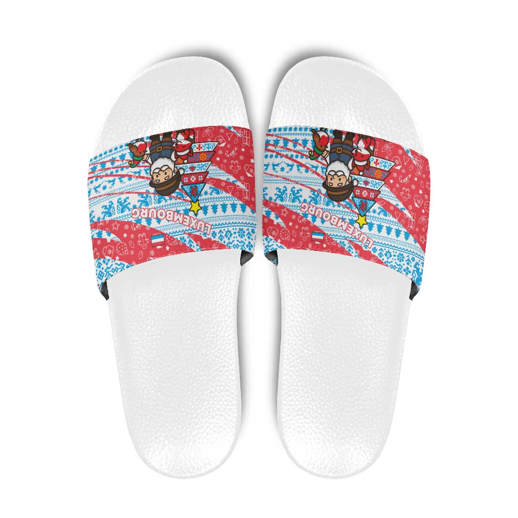 Luxembourg Christmas Slide Sandals with Santa Claus Fox Reindeer Tree and Red Blue Pattern Design - Wonder Print Shop