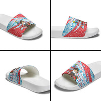 Luxembourg Christmas Slide Sandals with Santa Claus Fox Reindeer Tree and Red Blue Pattern Design - Wonder Print Shop