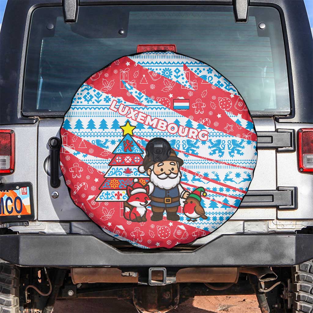 Luxembourg Christmas Spare Tire Cover with Santa Claus Fox Reindeer Tree and Red Blue Pattern Design - Wonder Print Shop