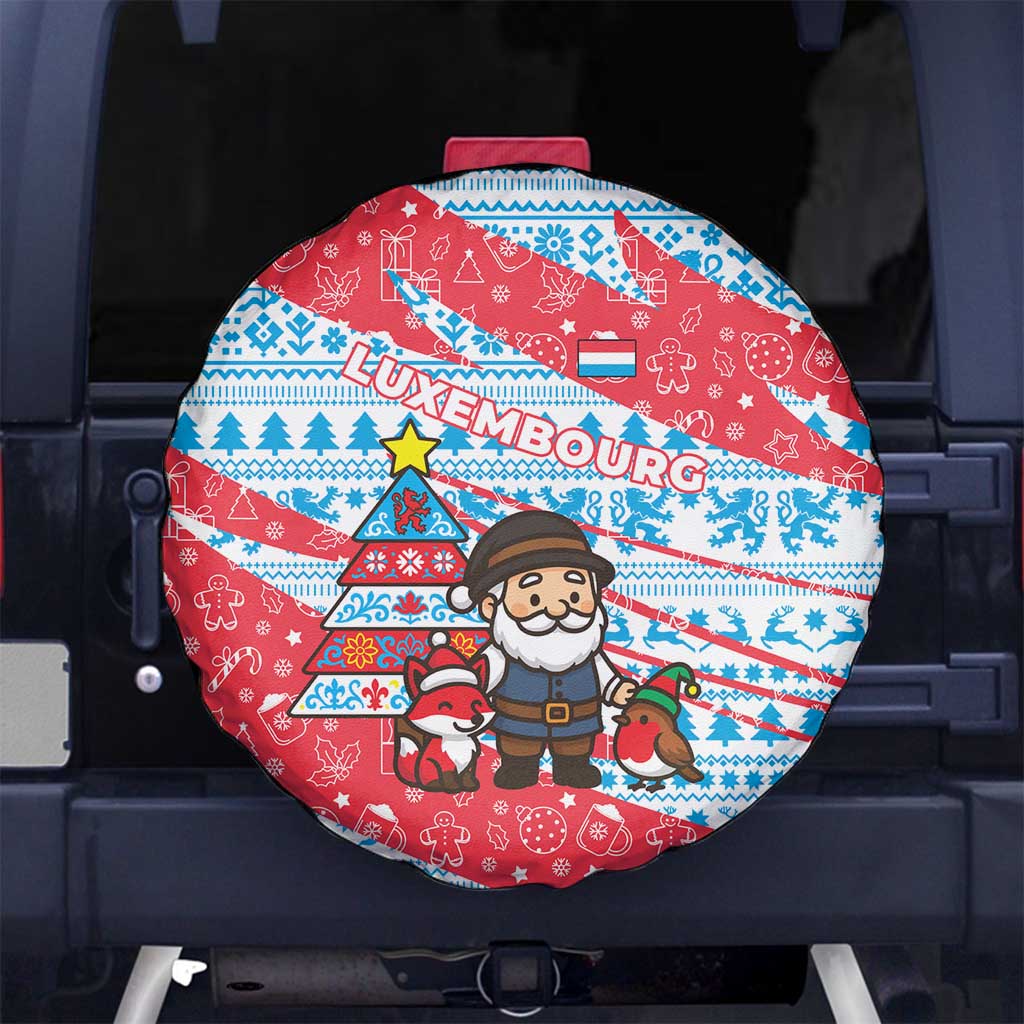 Luxembourg Christmas Spare Tire Cover with Santa Claus Fox Reindeer Tree and Red Blue Pattern Design - Wonder Print Shop