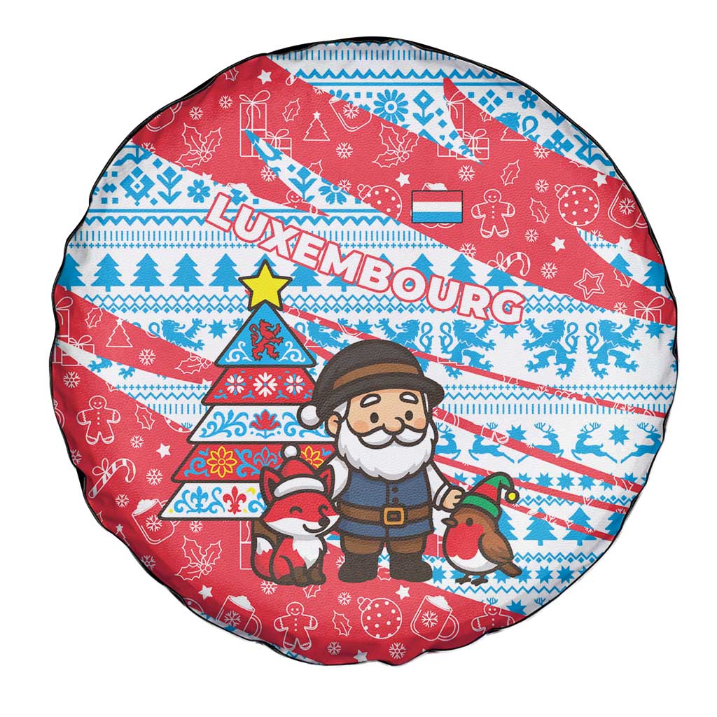 Luxembourg Christmas Spare Tire Cover with Santa Claus Fox Reindeer Tree and Red Blue Pattern Design - Wonder Print Shop