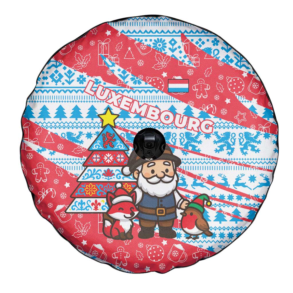 Luxembourg Christmas Spare Tire Cover with Santa Claus Fox Reindeer Tree and Red Blue Pattern Design - Wonder Print Shop