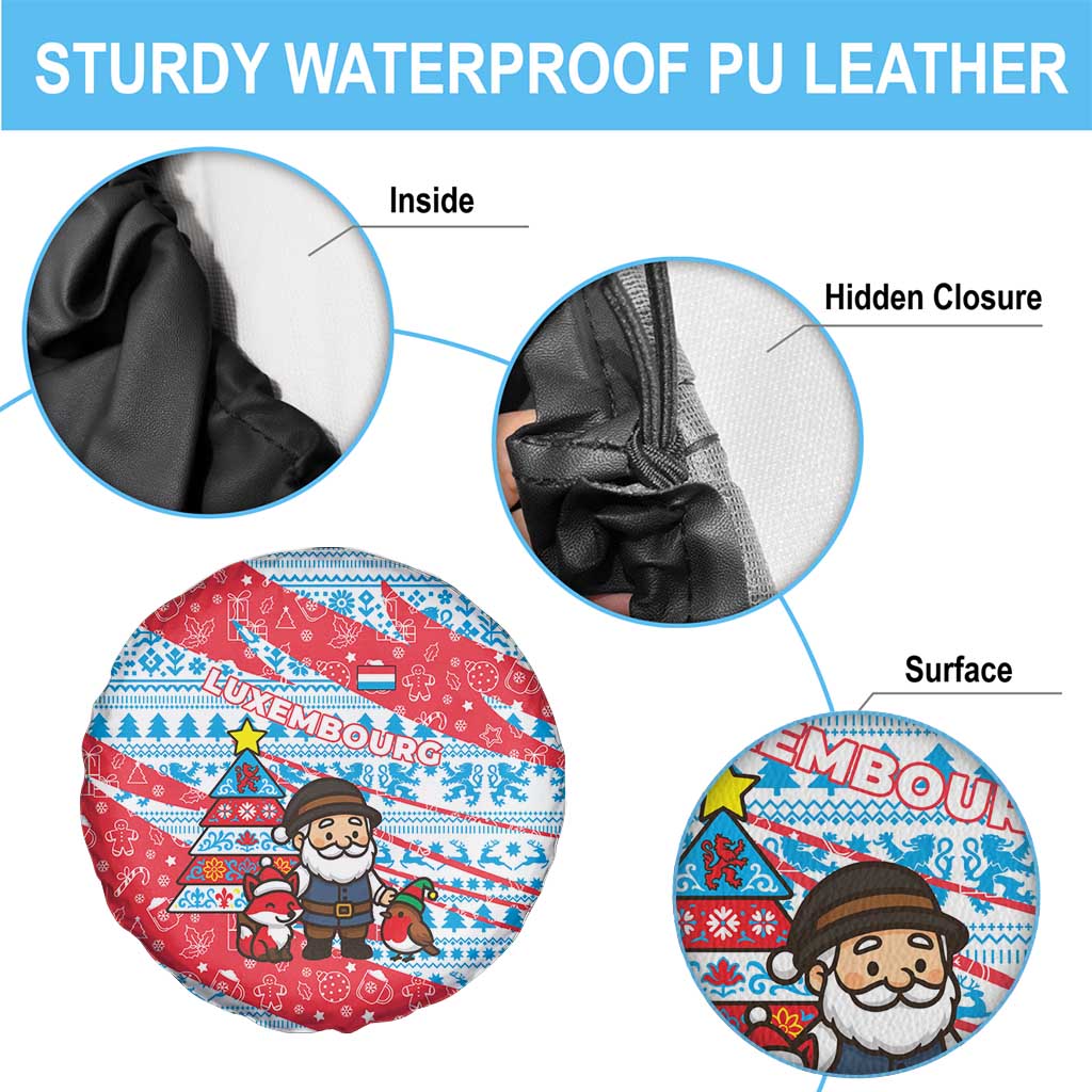 Luxembourg Christmas Spare Tire Cover with Santa Claus Fox Reindeer Tree and Red Blue Pattern Design - Wonder Print Shop