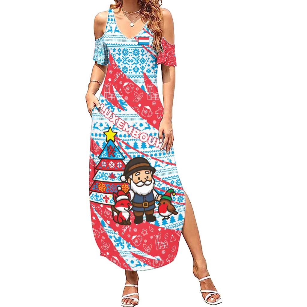 Luxembourg Christmas Summer Maxi Dress with Santa Claus Fox Reindeer Tree and Red Blue Pattern Design - Wonder Print Shop