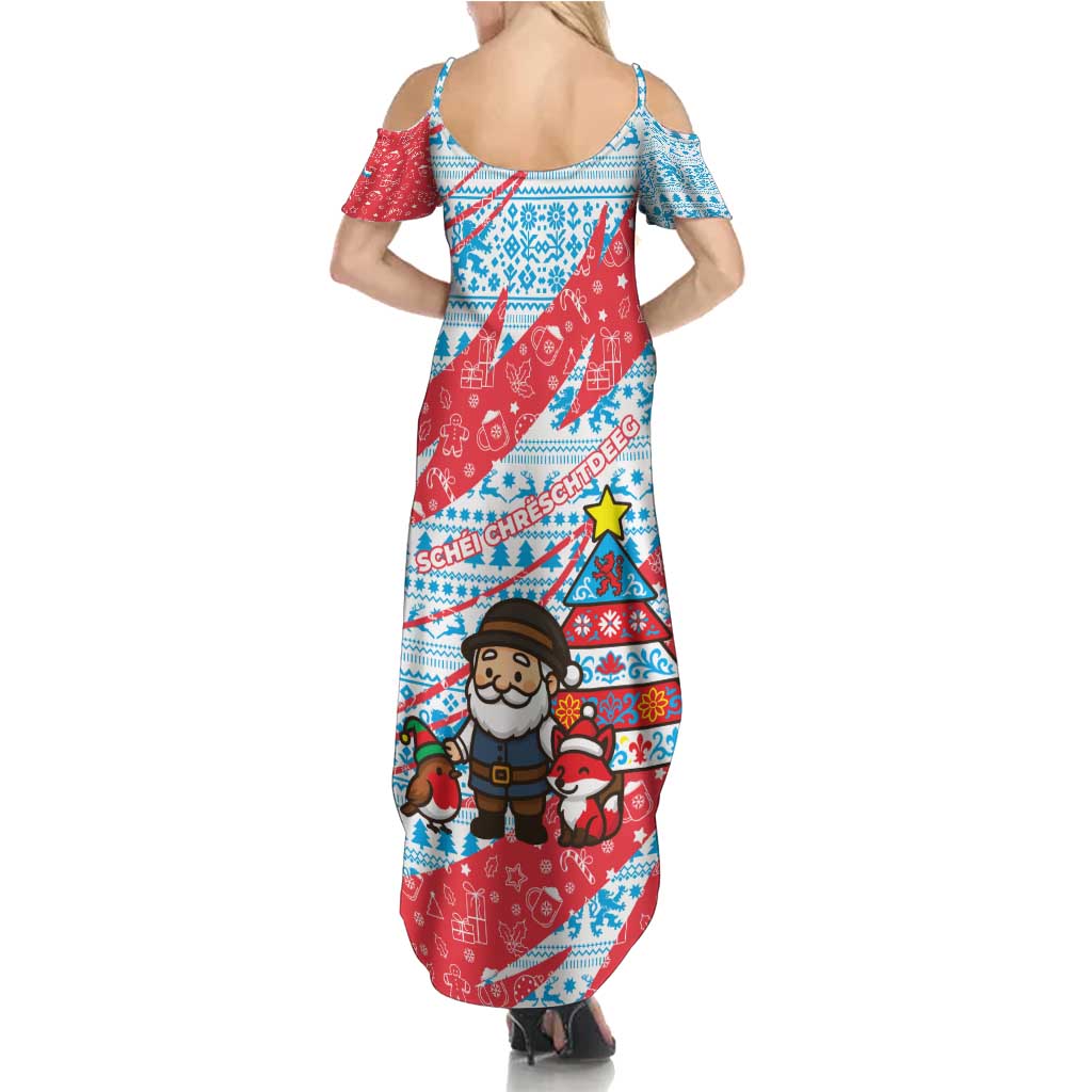 Luxembourg Christmas Summer Maxi Dress with Santa Claus Fox Reindeer Tree and Red Blue Pattern Design - Wonder Print Shop