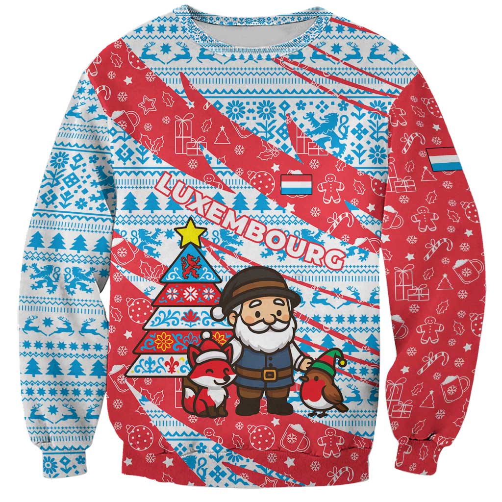 Luxembourg Christmas Sweatshirt with Santa Claus Fox Reindeer Tree and Red Blue Pattern Design - Wonder Print Shop