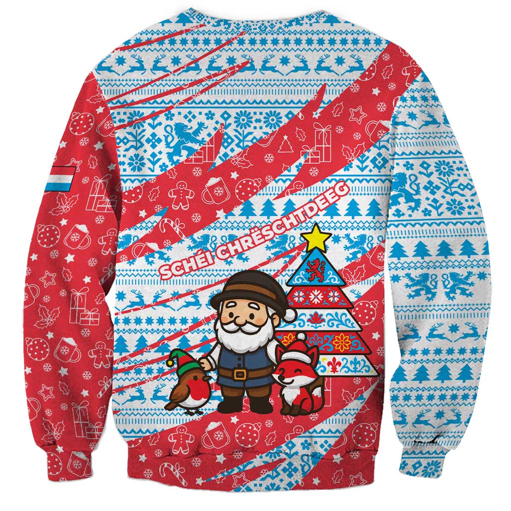 Luxembourg Christmas Sweatshirt with Santa Claus Fox Reindeer Tree and Red Blue Pattern Design - Wonder Print Shop