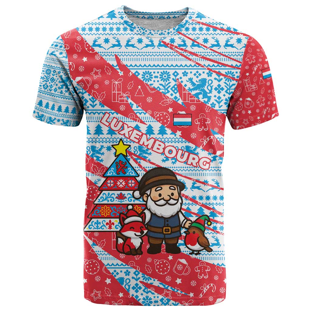 Luxembourg Christmas T Shirt with Santa Claus Fox Reindeer Tree and Red Blue Pattern Design - Wonder Print Shop
