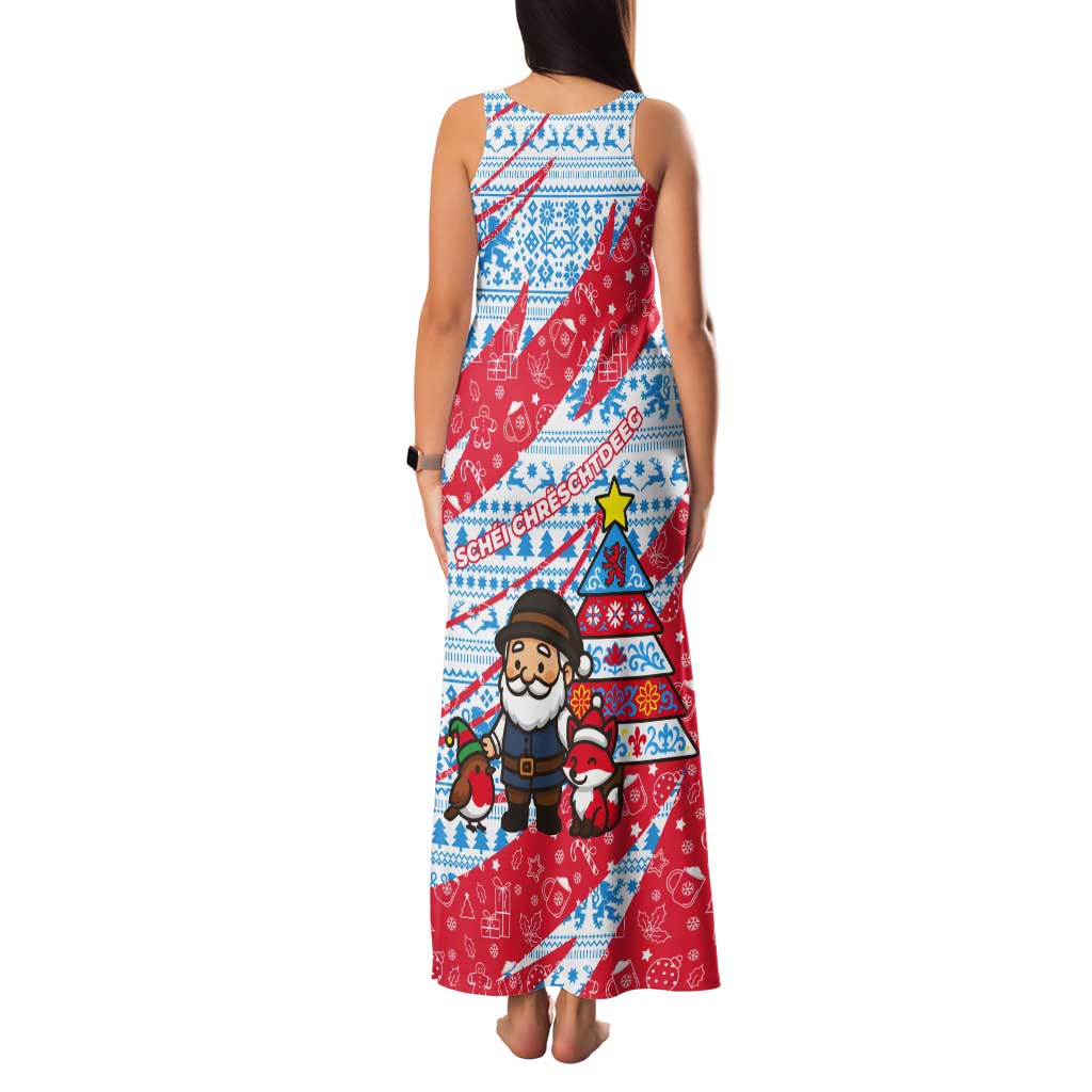 Luxembourg Christmas Tank Maxi Dress with Santa Claus Fox Reindeer Tree and Red Blue Pattern Design - Wonder Print Shop