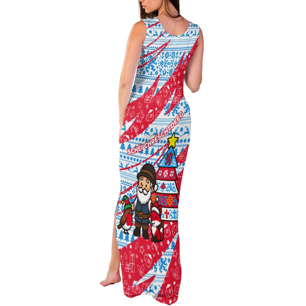 Luxembourg Christmas Tank Maxi Dress with Santa Claus Fox Reindeer Tree and Red Blue Pattern Design - Wonder Print Shop