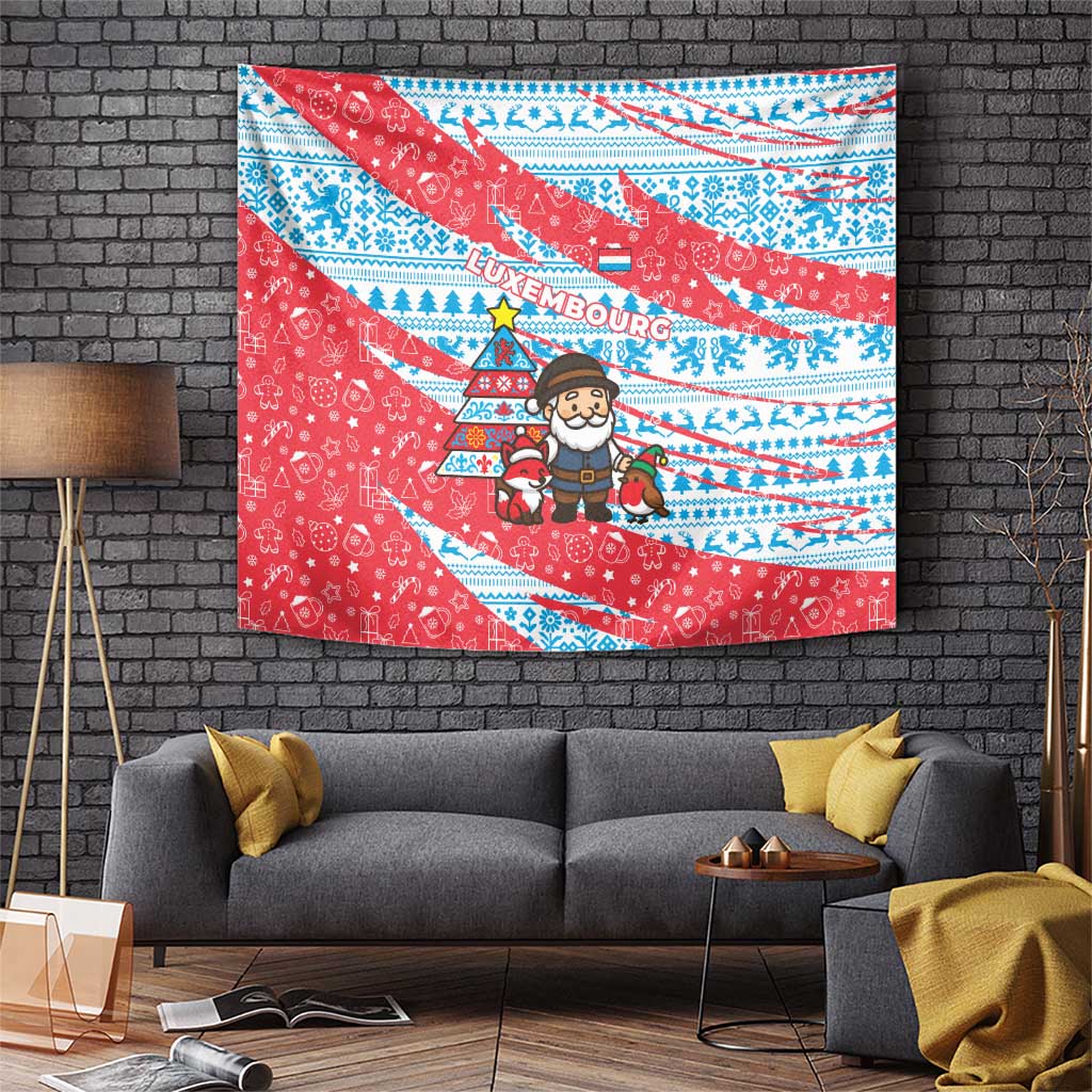 Luxembourg Christmas Tapestry with Santa Claus Fox Reindeer Tree and Red Blue Pattern Design - Wonder Print Shop