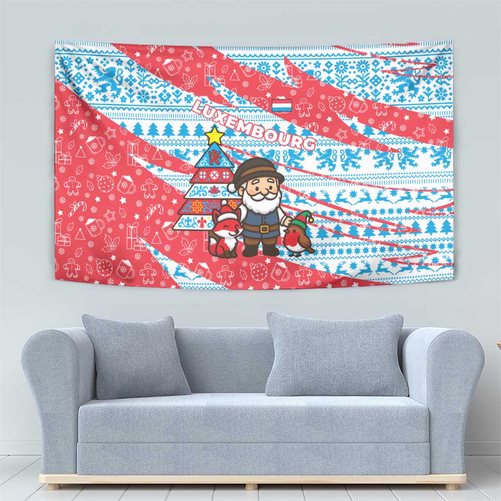 Luxembourg Christmas Tapestry with Santa Claus Fox Reindeer Tree and Red Blue Pattern Design - Wonder Print Shop