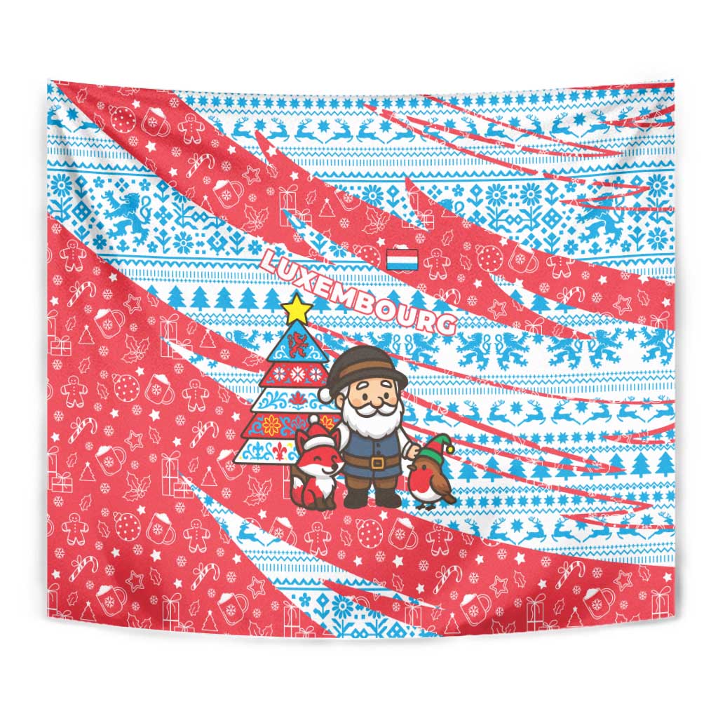 Luxembourg Christmas Tapestry with Santa Claus Fox Reindeer Tree and Red Blue Pattern Design - Wonder Print Shop