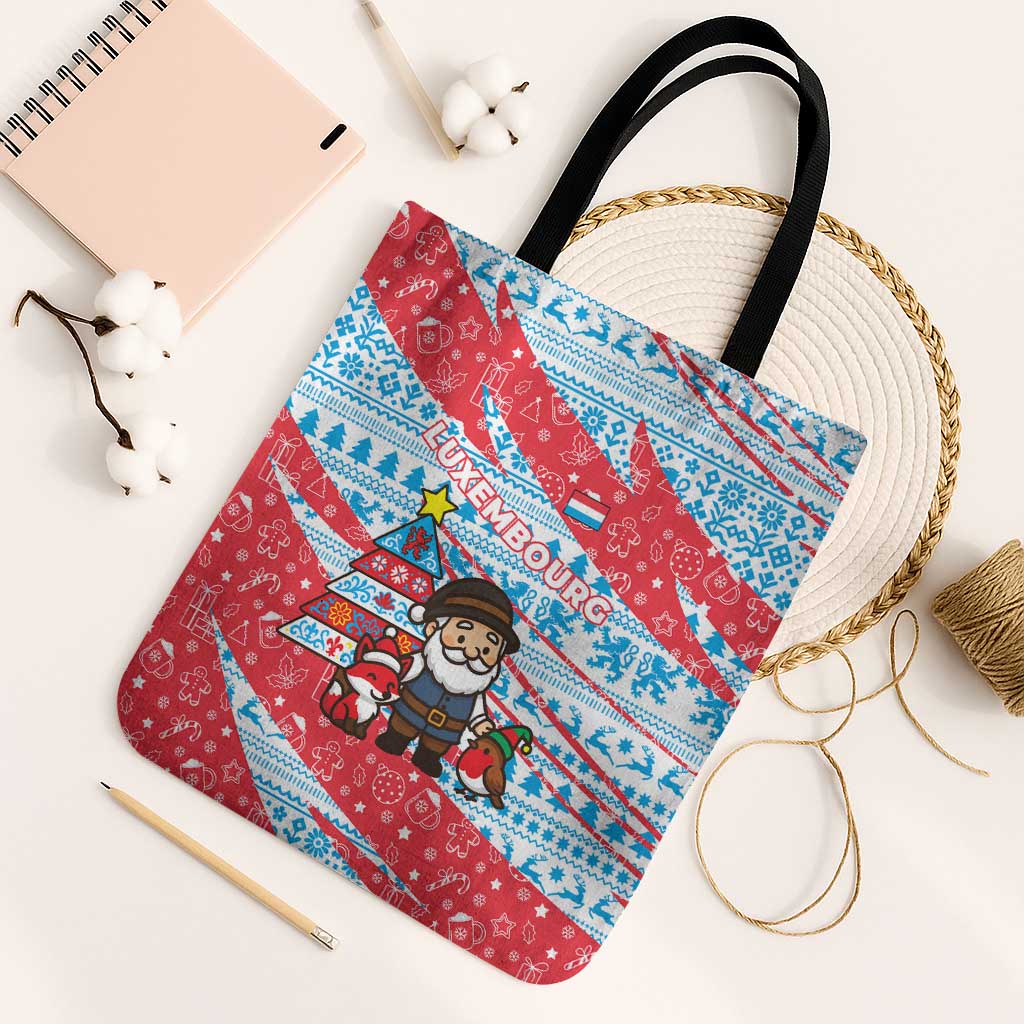 Luxembourg Christmas Tote Bag with Santa Claus Fox Reindeer Tree and Red Blue Pattern Design - Wonder Print Shop