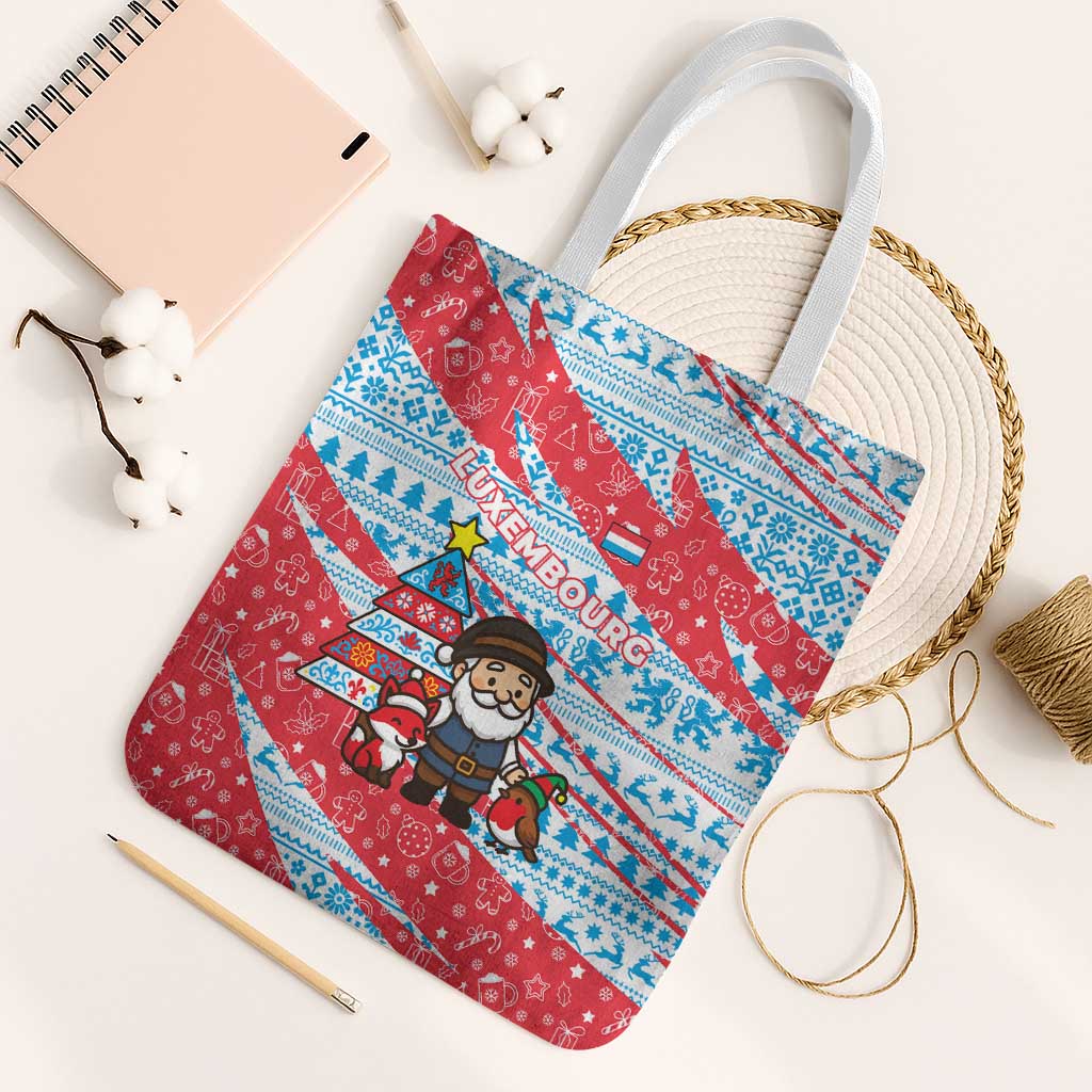 Luxembourg Christmas Tote Bag with Santa Claus Fox Reindeer Tree and Red Blue Pattern Design - Wonder Print Shop