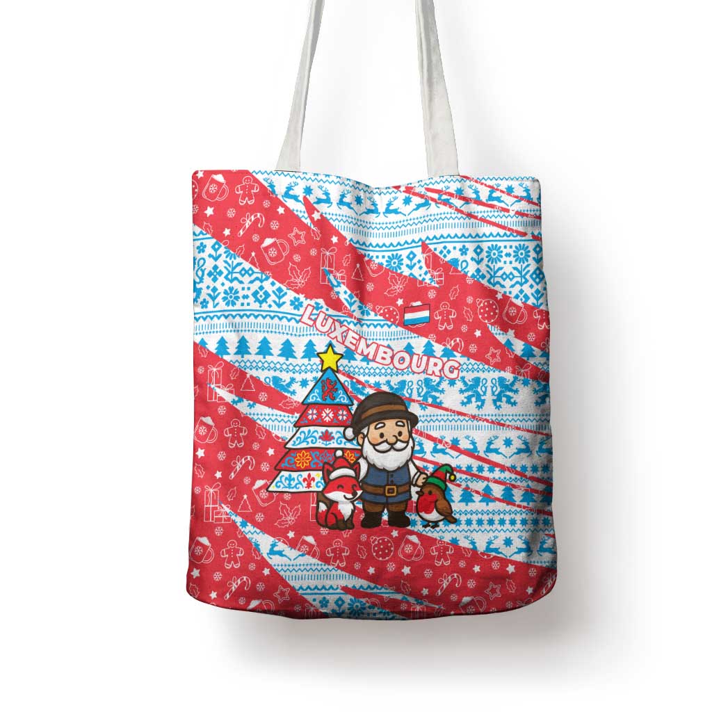 Luxembourg Christmas Tote Bag with Santa Claus Fox Reindeer Tree and Red Blue Pattern Design - Wonder Print Shop
