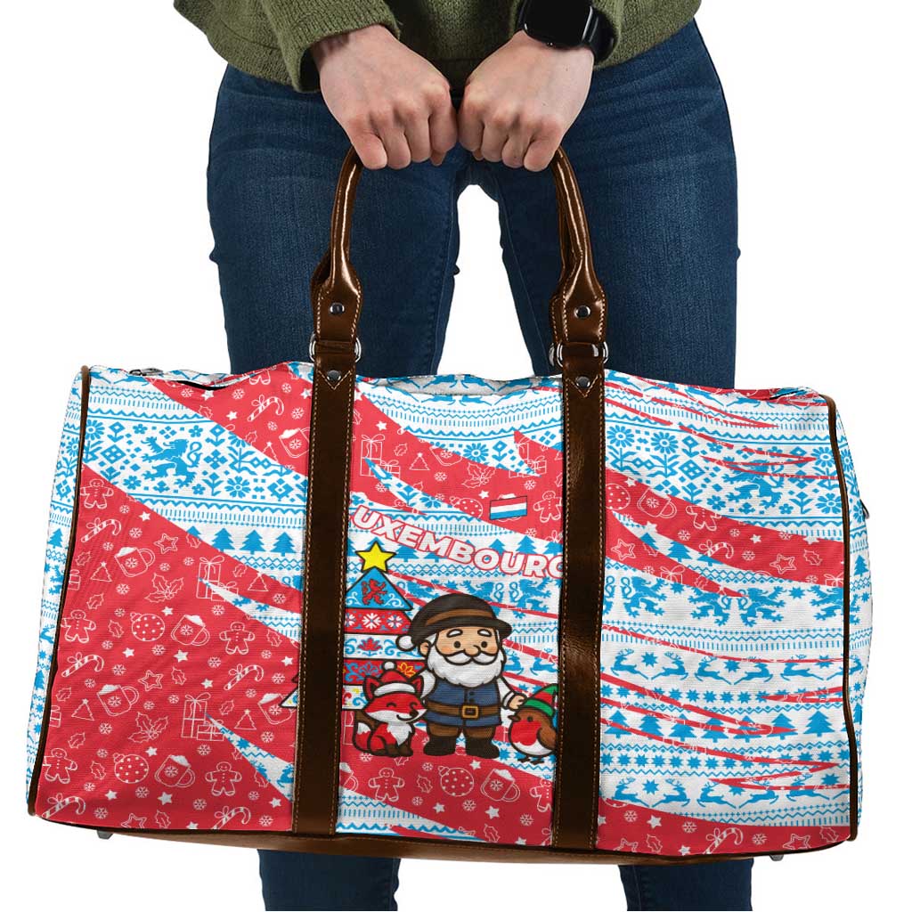 Luxembourg Christmas Travel Bag with Santa Claus Fox Reindeer Tree and Red Blue Pattern Design - Wonder Print Shop