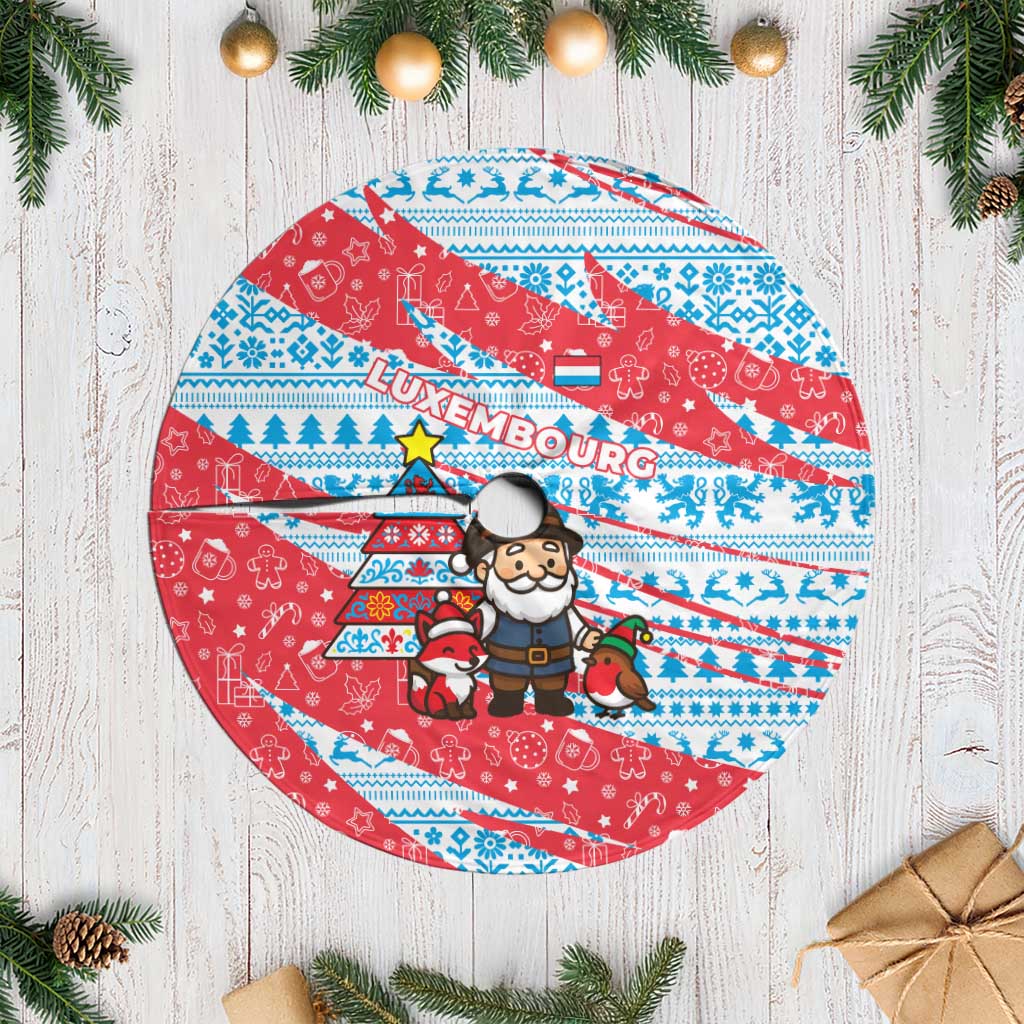 Luxembourg Christmas Tree Skirt with Santa Claus Fox Reindeer Tree and Red Blue Pattern Design - Wonder Print Shop