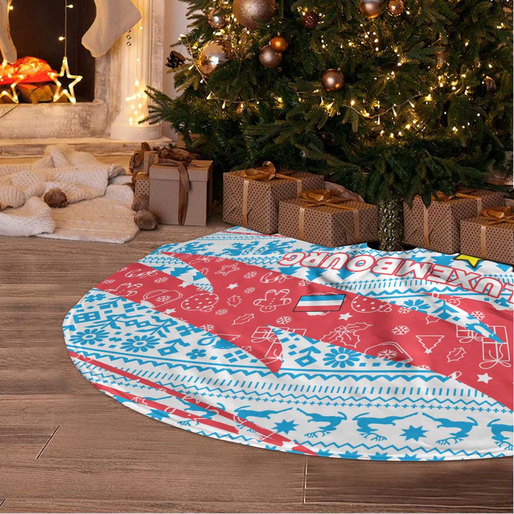 Luxembourg Christmas Tree Skirt with Santa Claus Fox Reindeer Tree and Red Blue Pattern Design - Wonder Print Shop