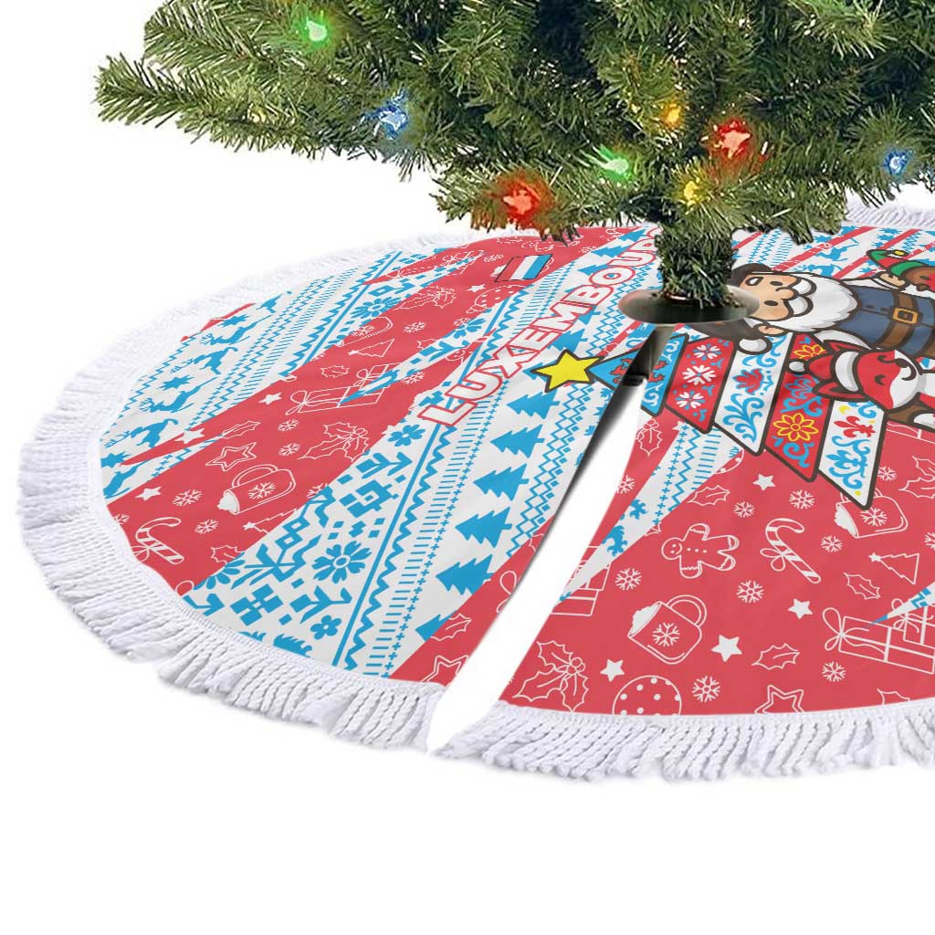Luxembourg Christmas Tree Skirt with Santa Claus Fox Reindeer Tree and Red Blue Pattern Design - Wonder Print Shop