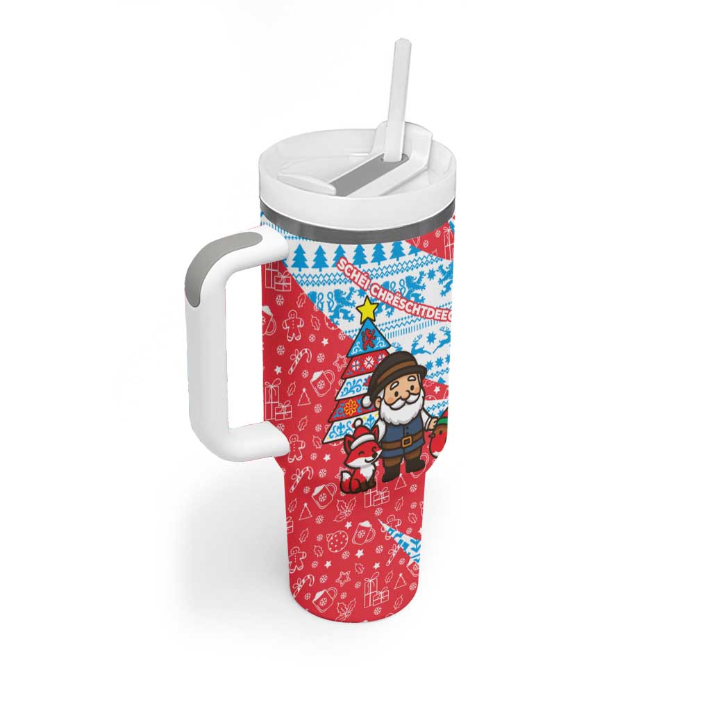 Luxembourg Christmas Tumbler With Handle with Santa Claus Fox Reindeer Tree and Red Blue Pattern Design - Wonder Print Shop