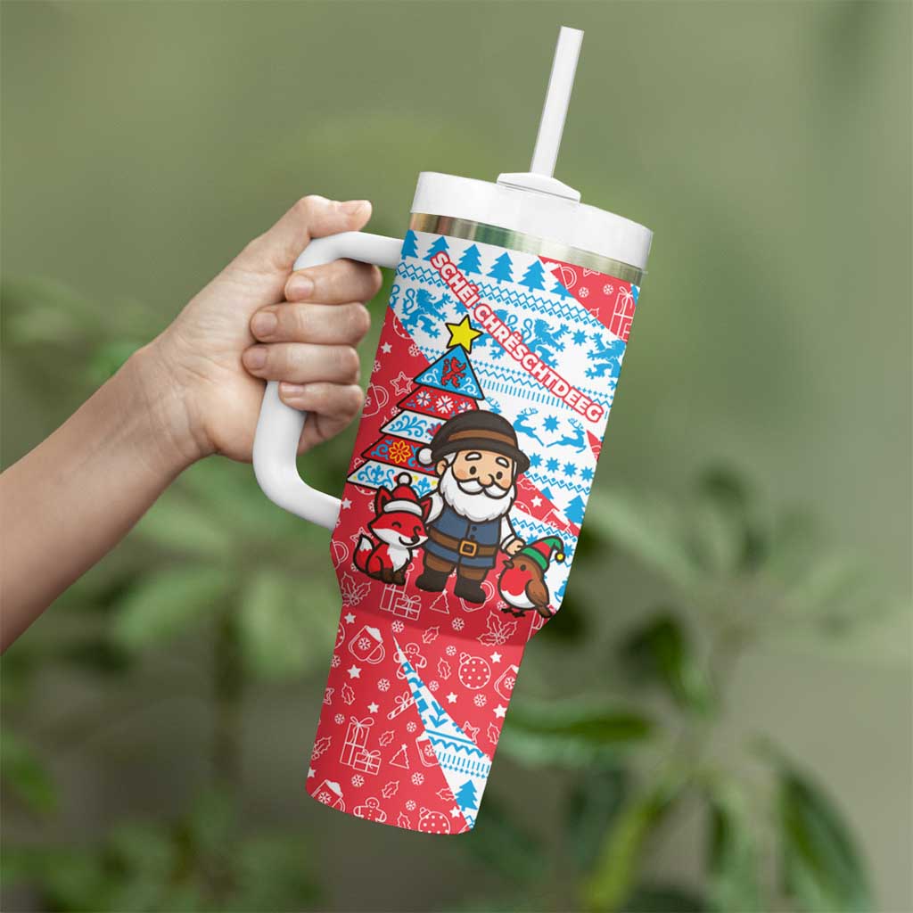 Luxembourg Christmas Tumbler With Handle with Santa Claus Fox Reindeer Tree and Red Blue Pattern Design - Wonder Print Shop