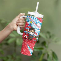 Luxembourg Christmas Tumbler With Handle with Santa Claus Fox Reindeer Tree and Red Blue Pattern Design - Wonder Print Shop