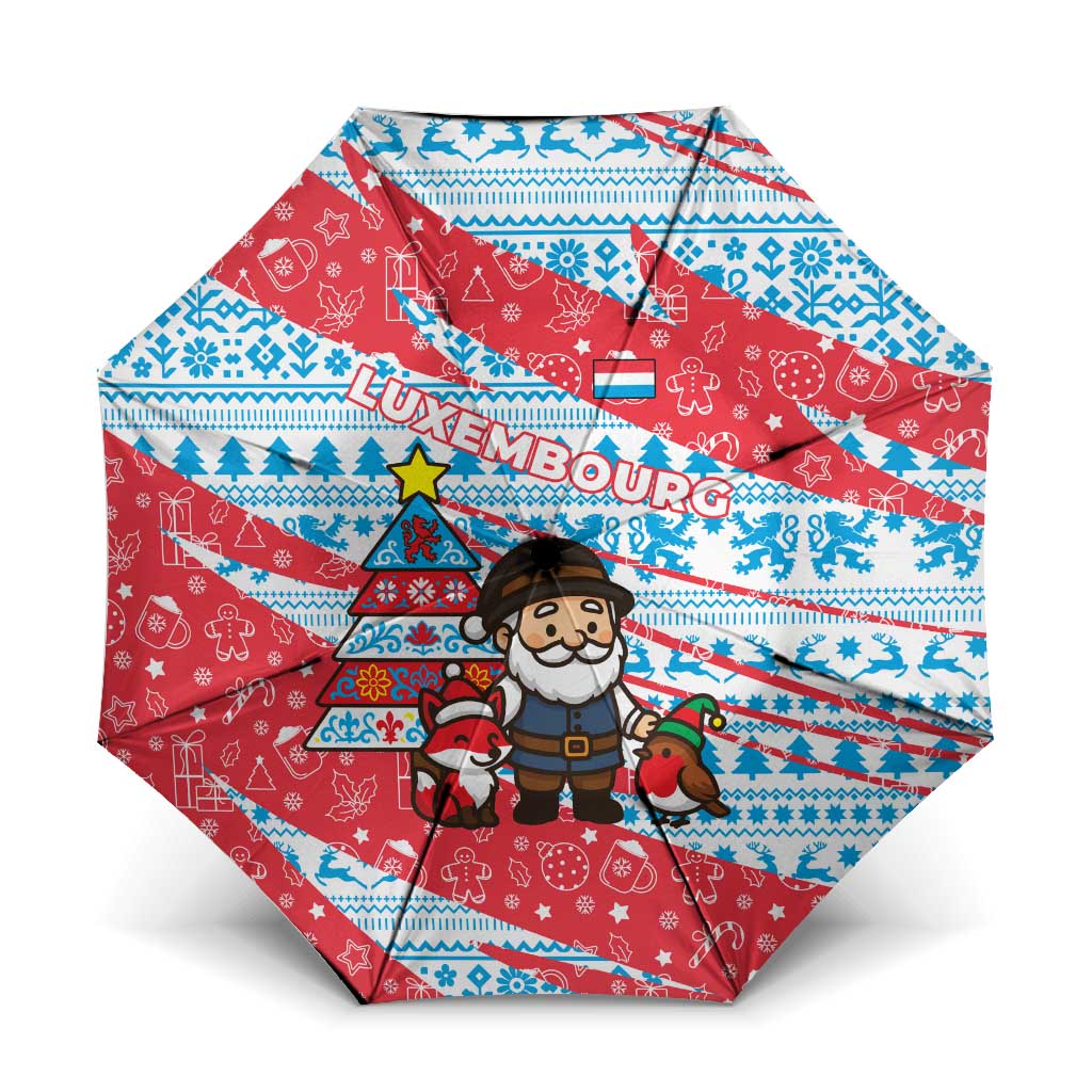 Luxembourg Christmas Umbrella with Santa Claus Fox Reindeer Tree and Red Blue Pattern Design - Wonder Print Shop