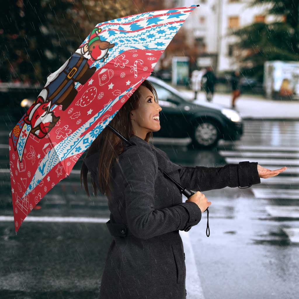 Luxembourg Christmas Umbrella with Santa Claus Fox Reindeer Tree and Red Blue Pattern Design - Wonder Print Shop