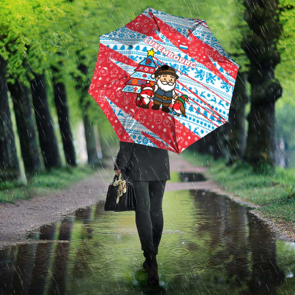 Luxembourg Christmas Umbrella with Santa Claus Fox Reindeer Tree and Red Blue Pattern Design - Wonder Print Shop