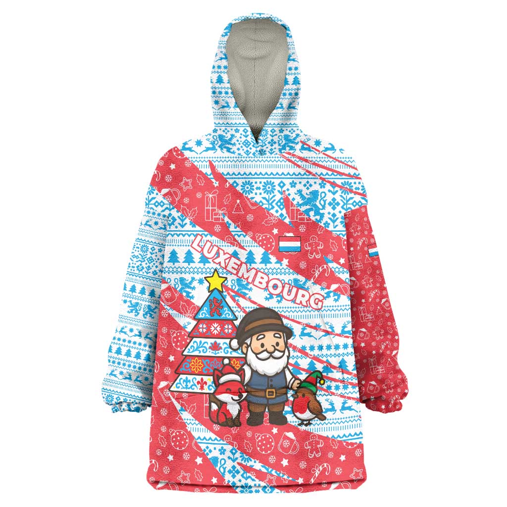 Luxembourg Christmas Wearable Blanket Hoodie with Santa Claus Fox Reindeer Tree and Red Blue Pattern Design - Wonder Print Shop